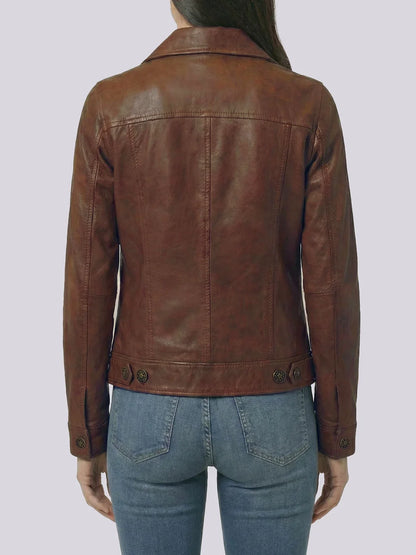 Women's Cognac Brown Leather Trucker Jacket