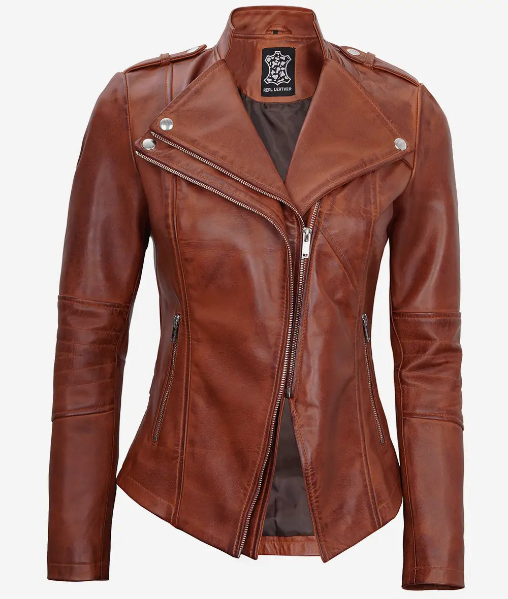 Women's Cognac Motorcycle Leather Jacket Max Jackets