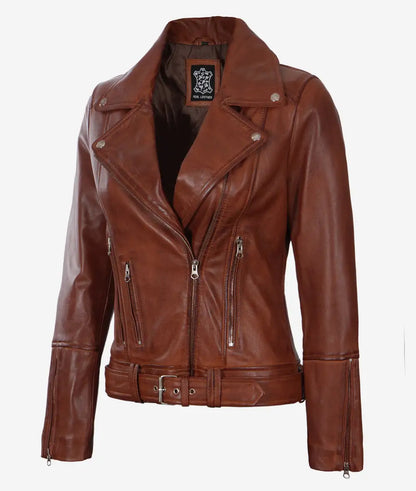 Women's Asymmetrical Cognac Leather Jacket Max Jackets