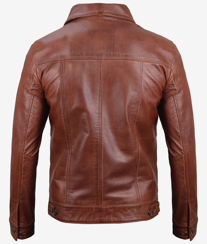 Men's Cognac Trucker Leather Jacket - Classic Shirt Style