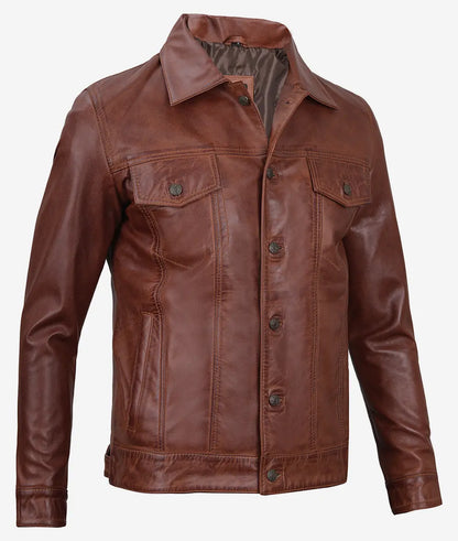 Men's Cognac Trucker Leather Jacket - Classic Shirt Style