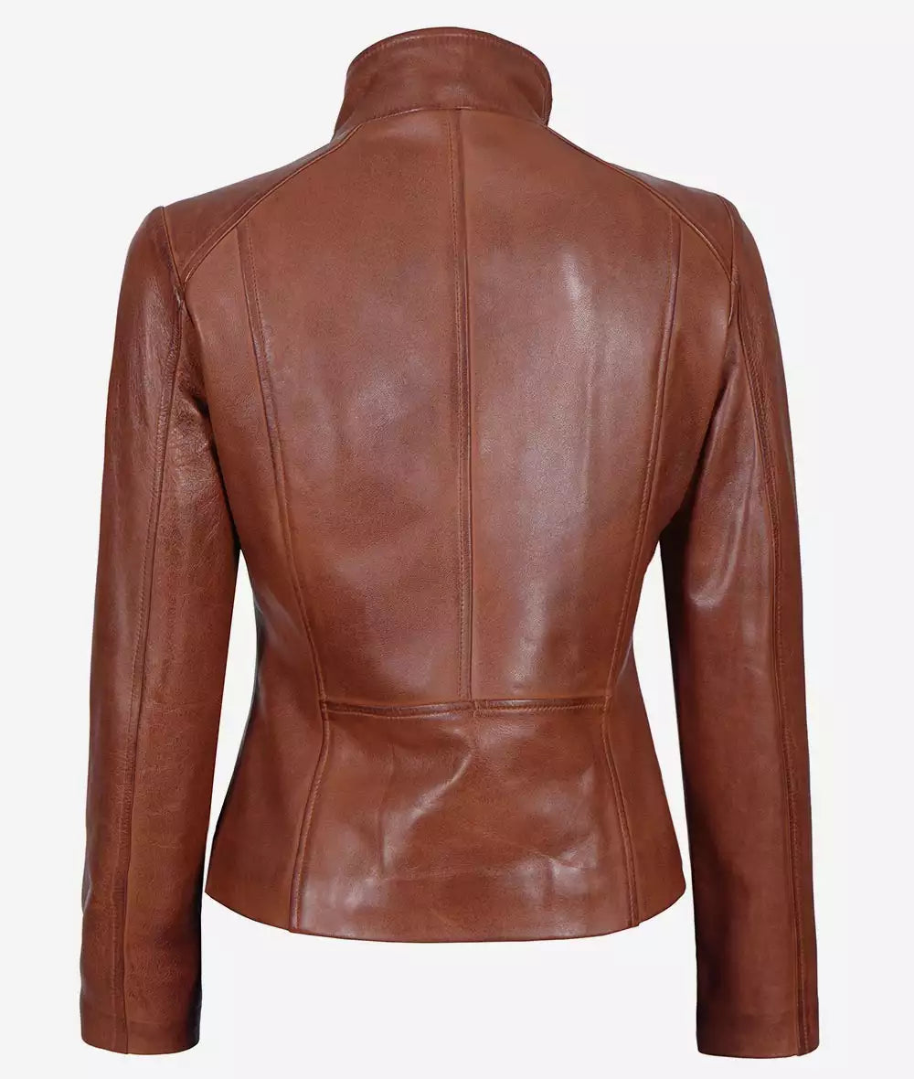 Women's Asymmetrical Cognac Leather Moto Jacket Max Jackets