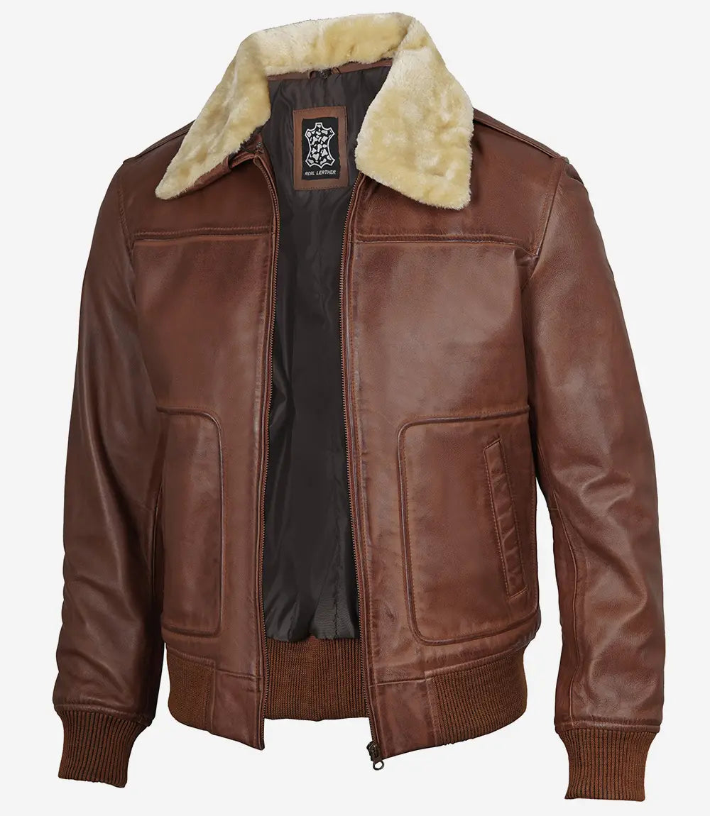 Garrett Fur Collar Cognac Brown Bomber Leather Jacket Max Jackets