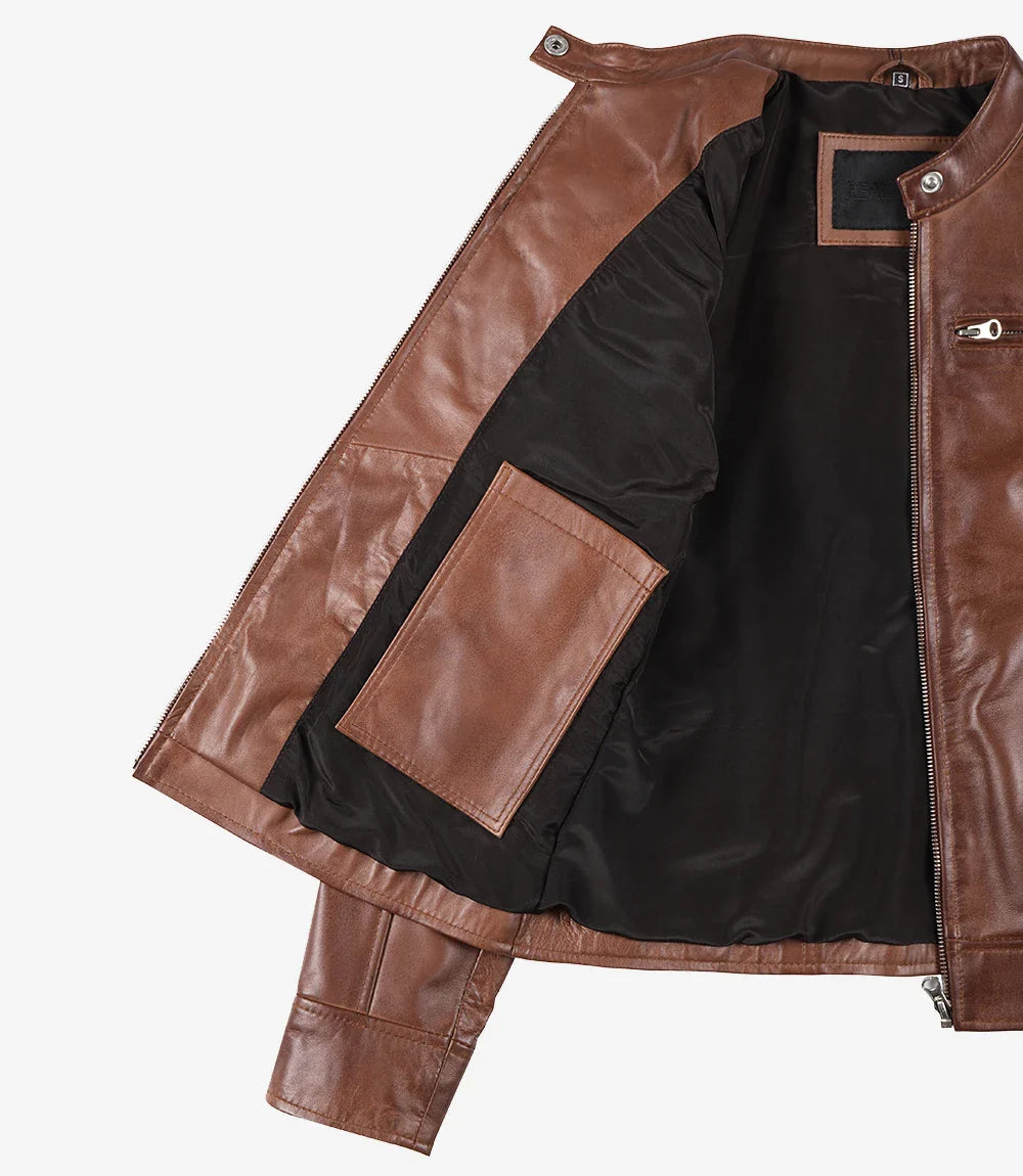 Women's Cognac Waxed Real Leather Biker Style Jacket