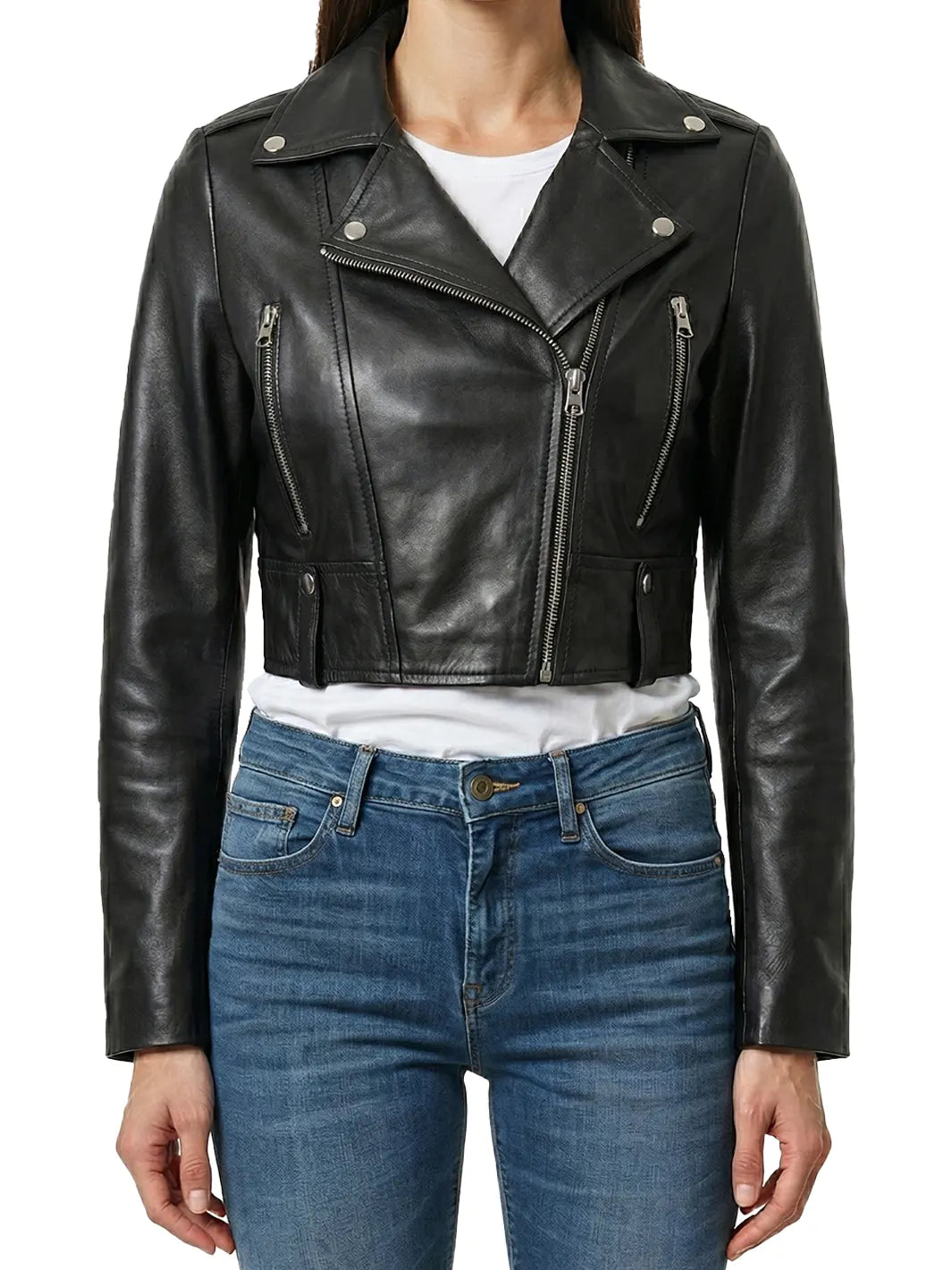 Colleen Women’s Cropped Black Biker Style Leather Jacket