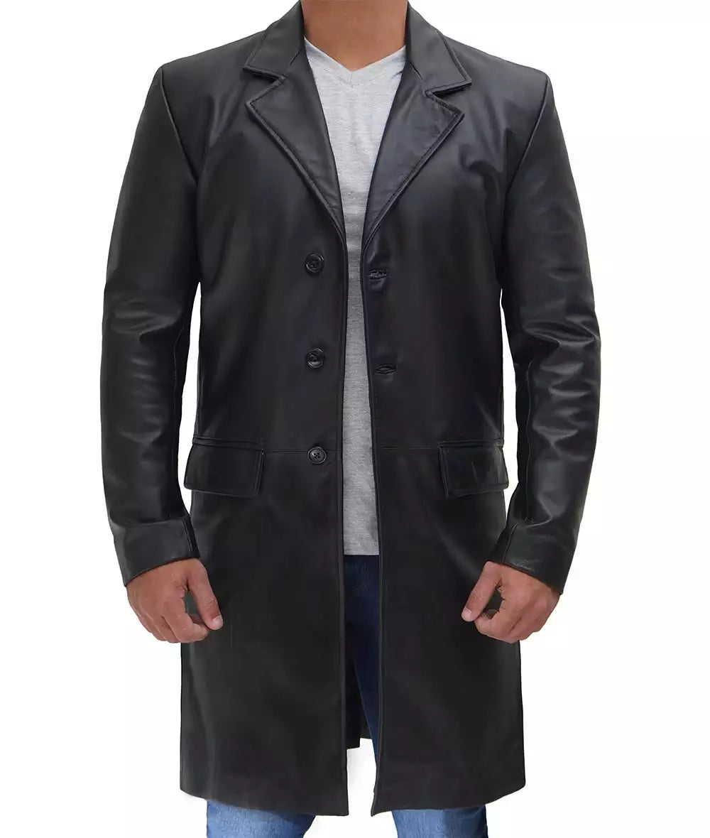 Men's Cowhide Black 3/4 Length Leather Coat
