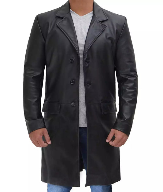 Men's Cowhide Black 3/4 Length Leather Coat