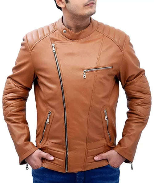 Slim Tan Biker Leather Jacket Max Jackets