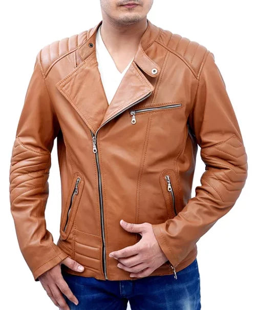 Slim Tan Biker Leather Jacket Max Jackets