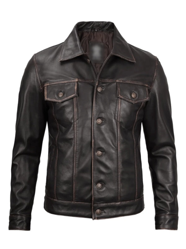 Dark Brown Leather Trucker Jacket Max Jackets