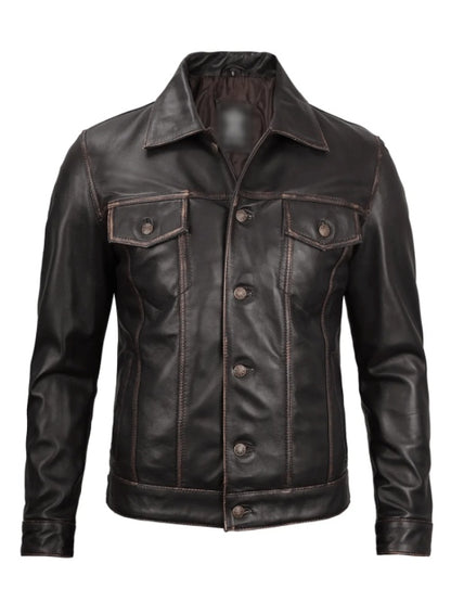 Dark Brown Leather Trucker Jacket Max Jackets