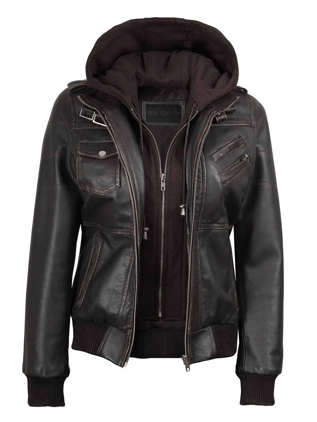 Women's Rub-Off Brown Bomber Leather Jacket | Removable Hood