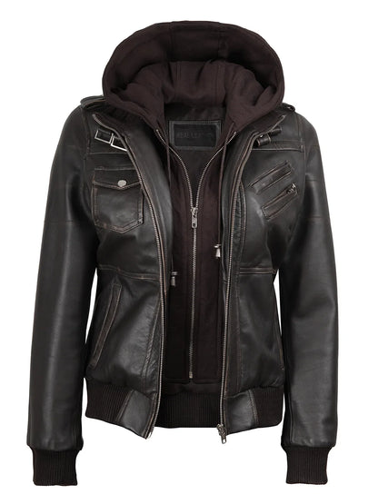 Women's Rub-Off Brown Bomber Leather Jacket | Removable Hood