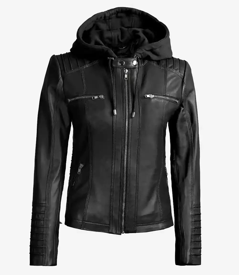 Helen Womens Tall Black Leather Jacket with Removable Hood