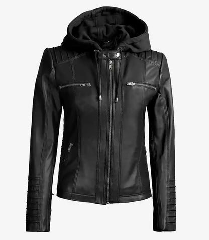 Helen Womens Tall Black Leather Jacket with Removable Hood