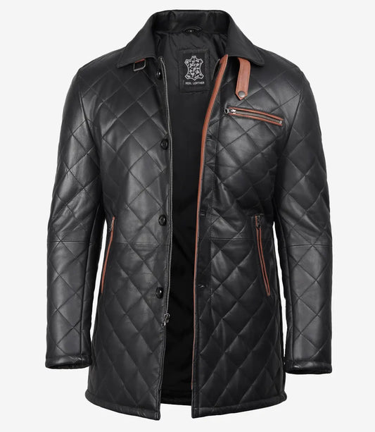 Men's Black Diamond Quilted Leather Car Coat With Brown Detailing