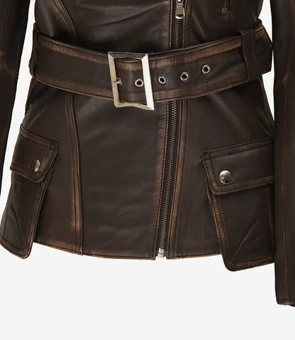Women's Distressed Brown Asymmetrical Leather Biker Style Jacket