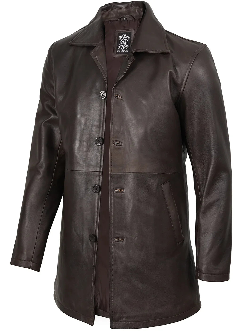 Men's Distressed Dark Brown Real Leather Car Coat