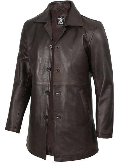 Men's Distressed Dark Brown Real Leather Car Coat