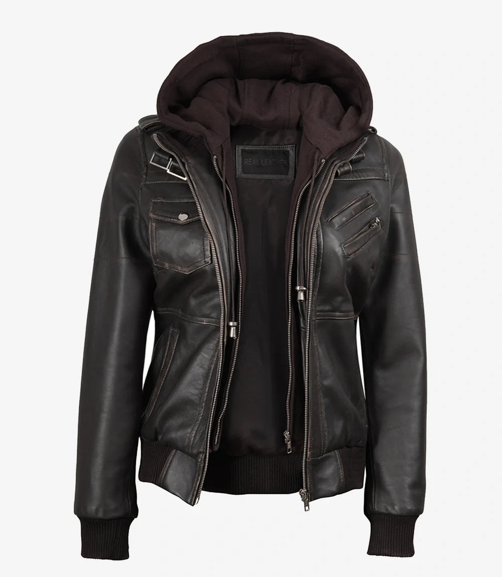 Womens Distressed Brown Hooded Bomber Leather Jacket