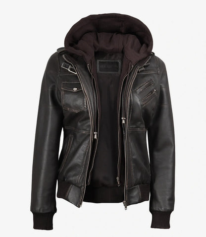 Womens Distressed Brown Hooded Bomber Leather Jacket