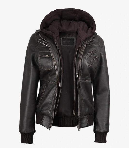 Womens Distressed Brown Hooded Bomber Leather Jacket