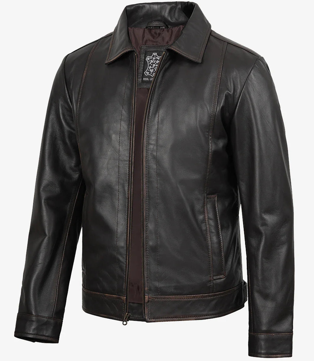 Mens Shirt Collar Classic Distressed Brown Leather Jacket
