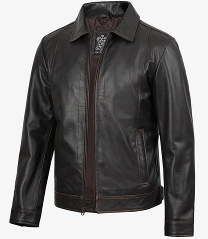 Mens Shirt Collar Classic Distressed Brown Leather Jacket