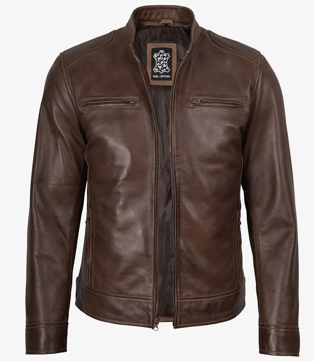 Dodge Men's Waxed Chocolate Brown Biker Style Leather Jacket