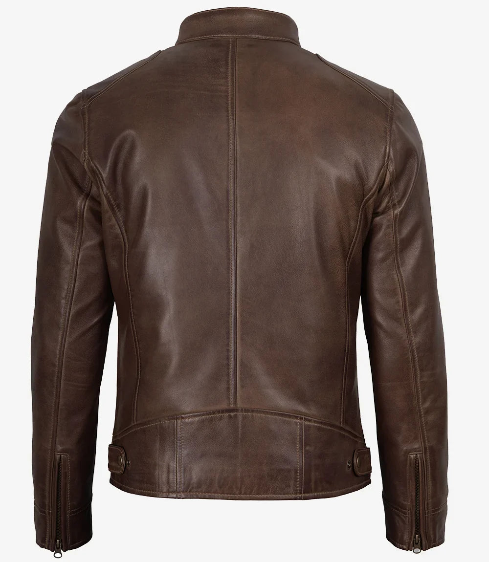 Dodge Men's Waxed Chocolate Brown Biker Style Leather Jacket