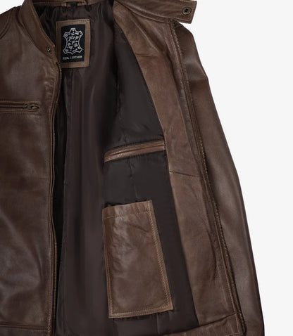 Dodge Men's Waxed Chocolate Brown Biker Style Leather Jacket