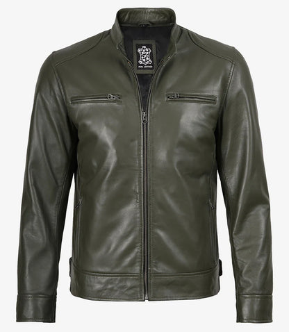 Dodge Olive Green Biker Style Leather Jacket for Men
