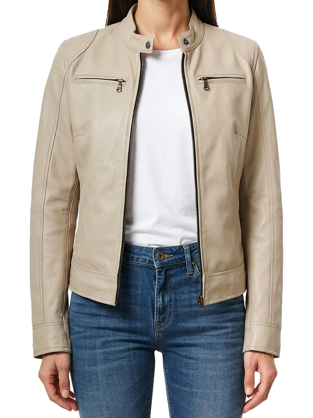Dodge Women's Beige Leather Cafe Racer Jacket