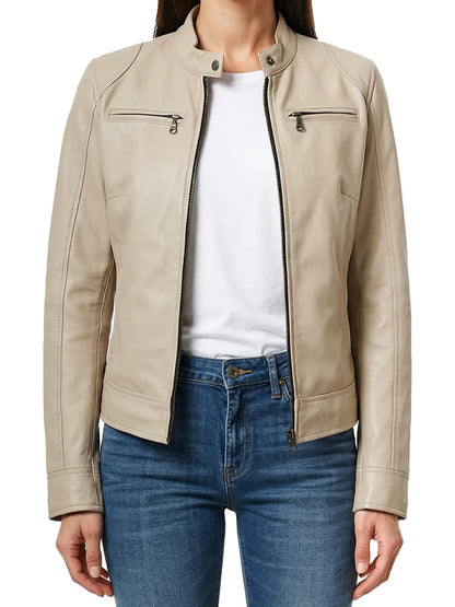 Dodge Women's Beige Leather Cafe Racer Jacket