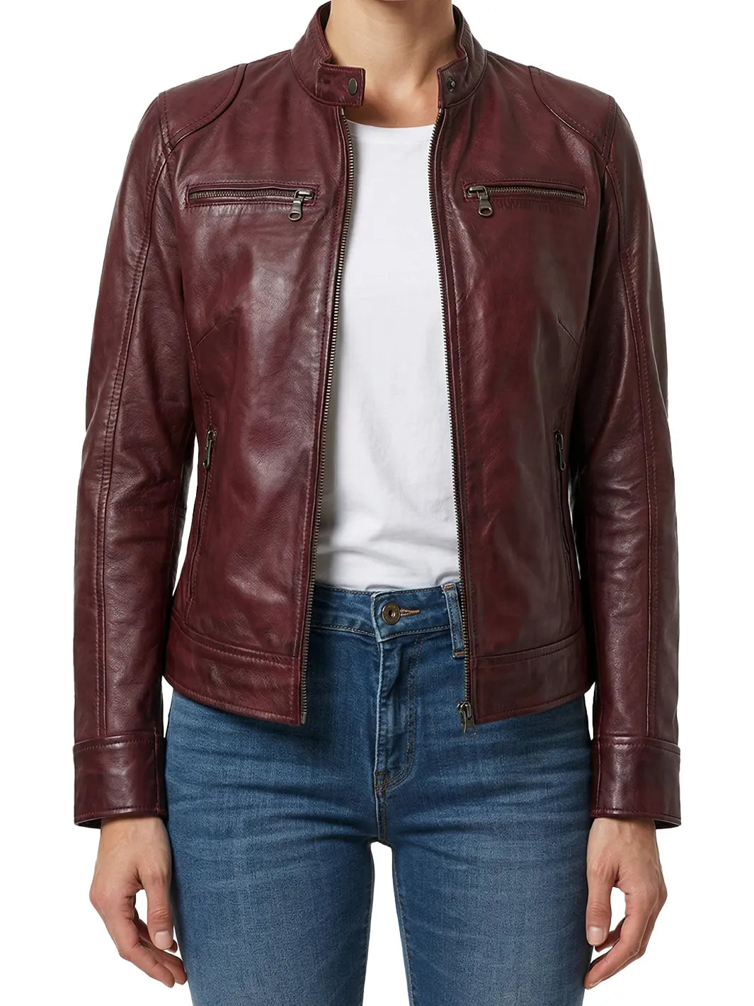 Dodge Womens Burgundy Cafe Racer Style Leather Jacket
