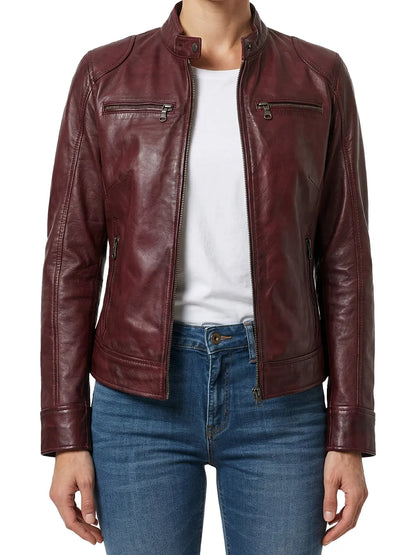 Dodge Womens Burgundy Cafe Racer Style Leather Jacket