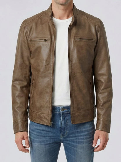 Dodge Men’s Camel Brown Leather Jacket | Biker Style