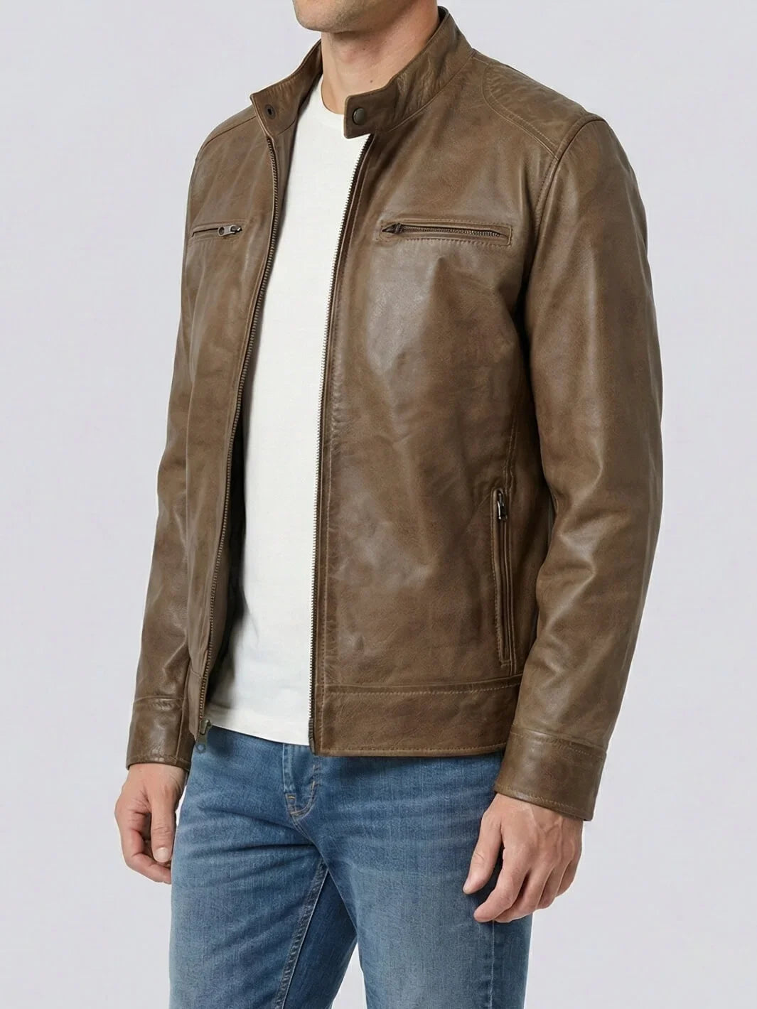 Dodge Men’s Camel Brown Leather Jacket | Biker Style