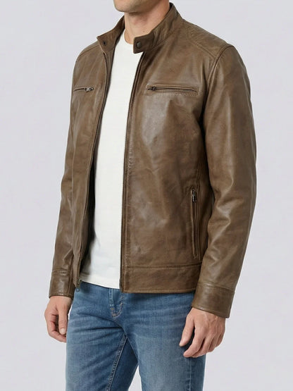Dodge Men’s Camel Brown Leather Jacket | Biker Style