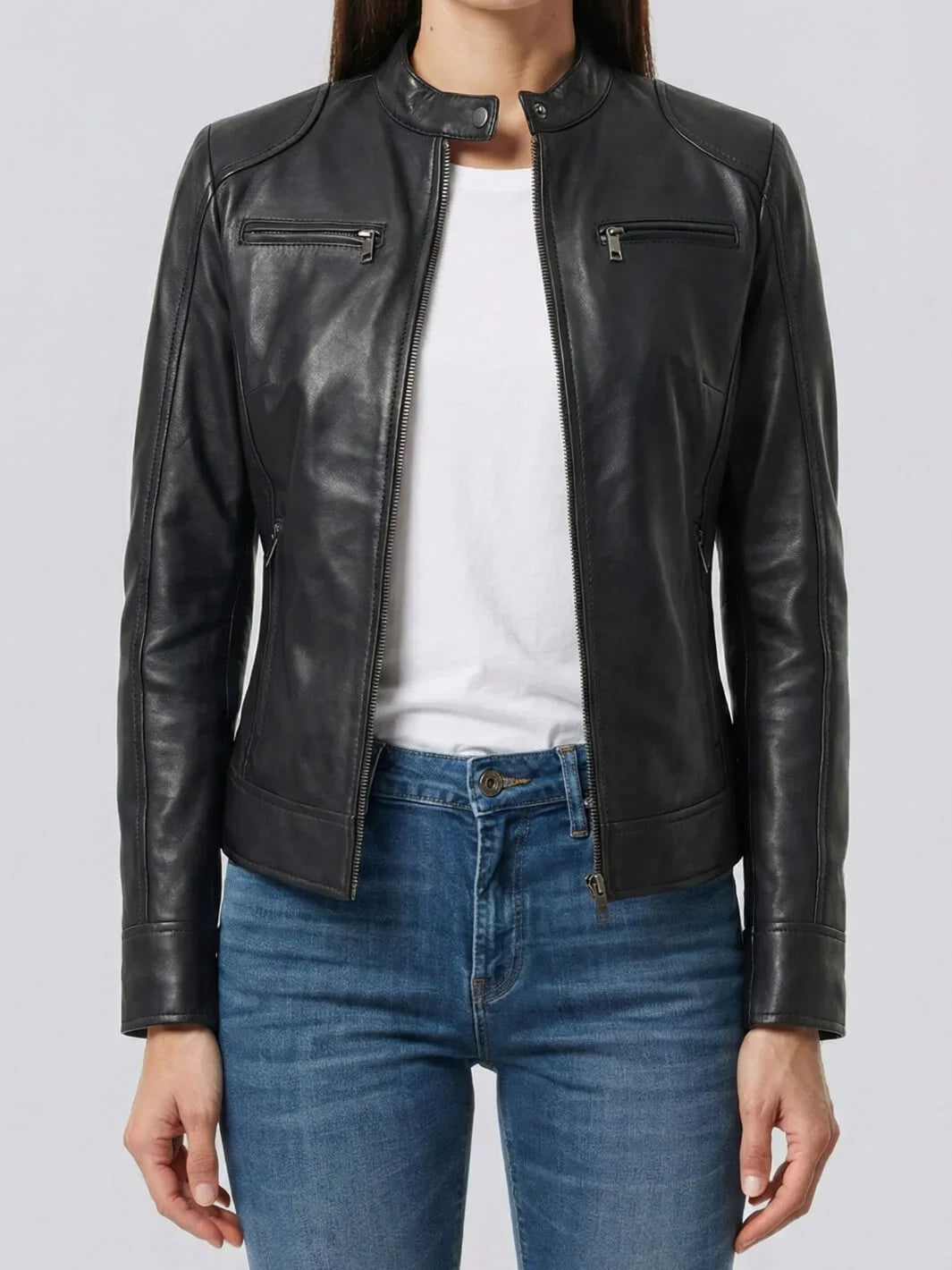 Dodge Women's Black Lambskin Biker Style Leather Jacket