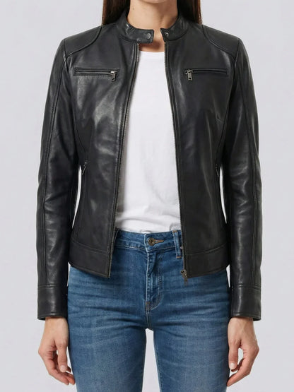 Dodge Women's Black Lambskin Biker Style Leather Jacket