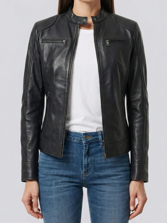 Dodge Women's Black Lambskin Biker Style Leather Jacket
