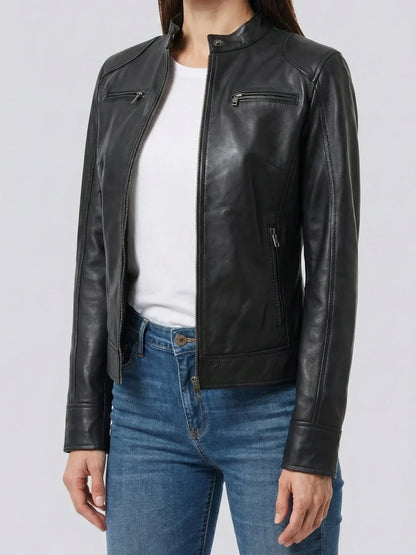 Dodge Women's Black Lambskin Biker Style Leather Jacket