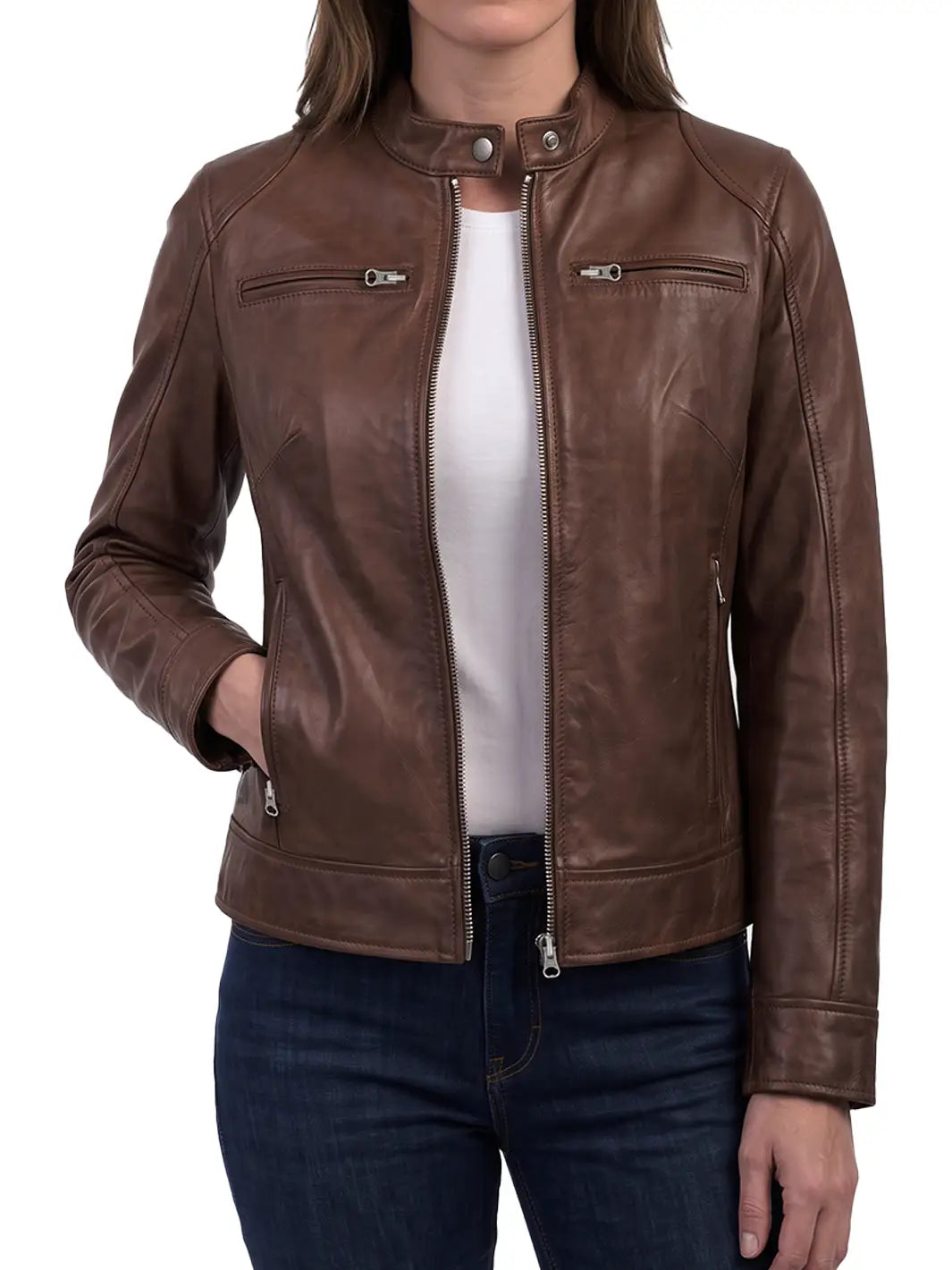 Dodge Womens Cognac Brown Biker Style Leather Jacket