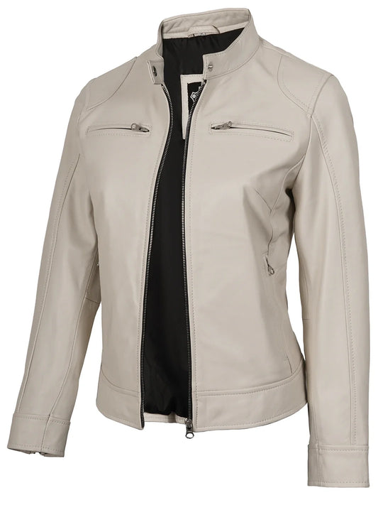 Dodge Women's Off White Cafe Racer Leather Jacket
