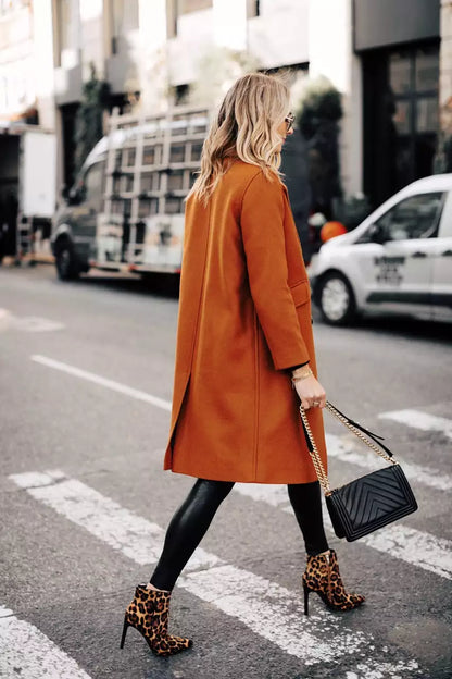 Women's Copper Brown Wool Coat – Double-Breasted Overcoat