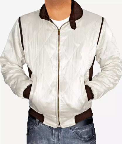 Men's White Quilted Bomber Jacket with Scorpion Logo