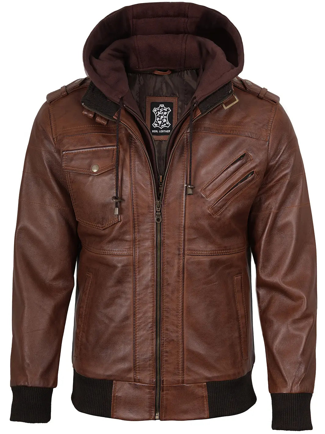 Men's Cognac Brown Bomber Leather Jacket - Removable Hood