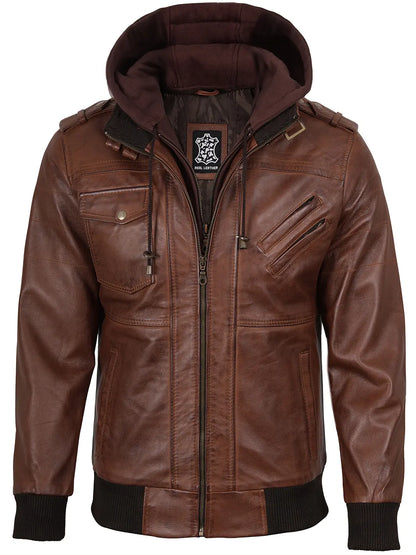 Men's Cognac Brown Bomber Leather Jacket - Removable Hood