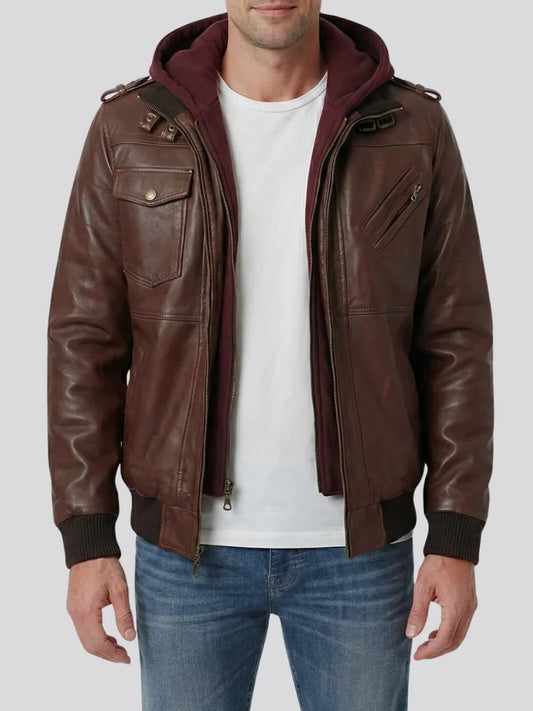 Men's Dark Brown Hooded Leather Bomber Jacket